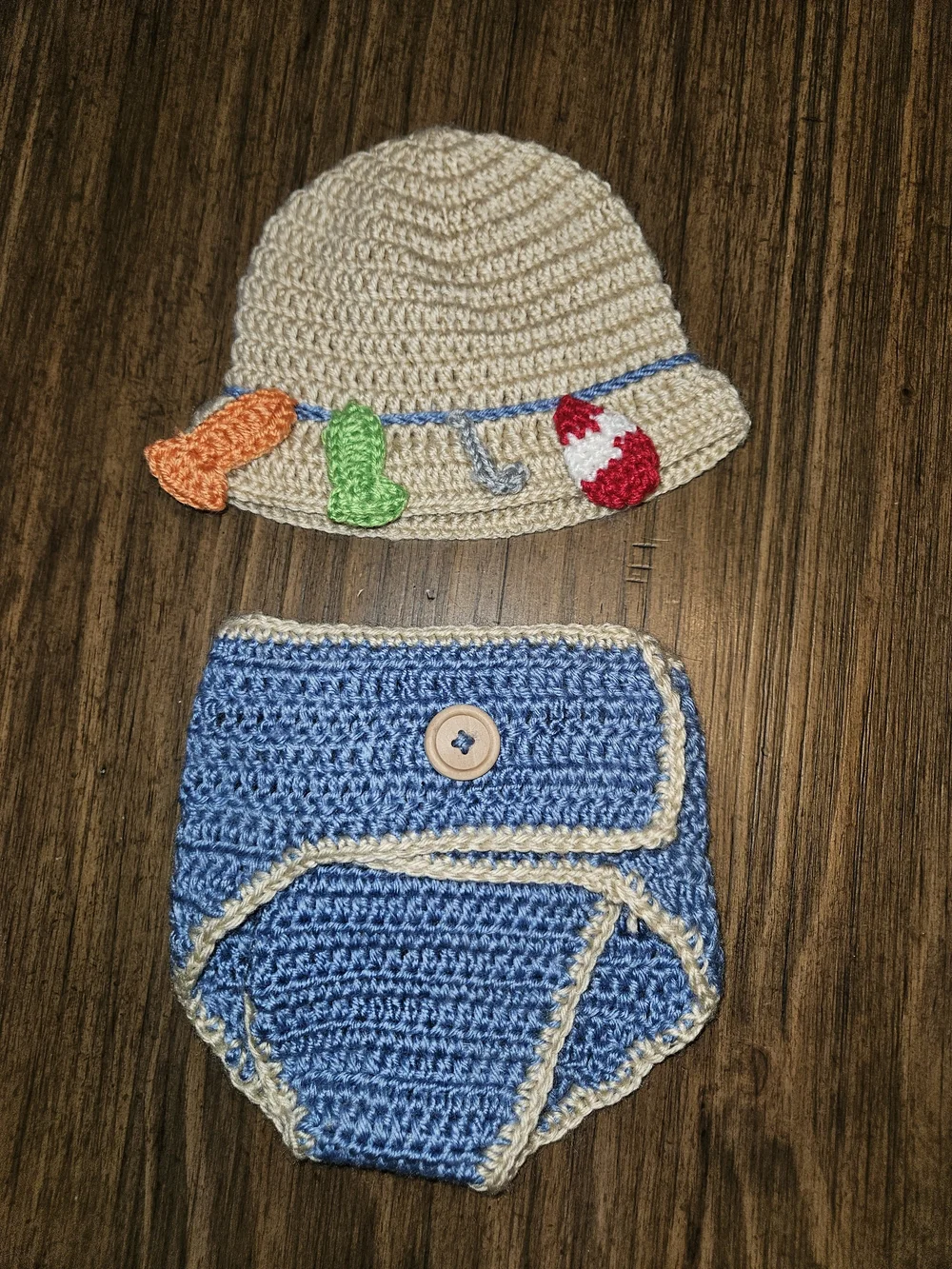 Crochet Beach Hat and Diaper Cover Set in Cream and Blue